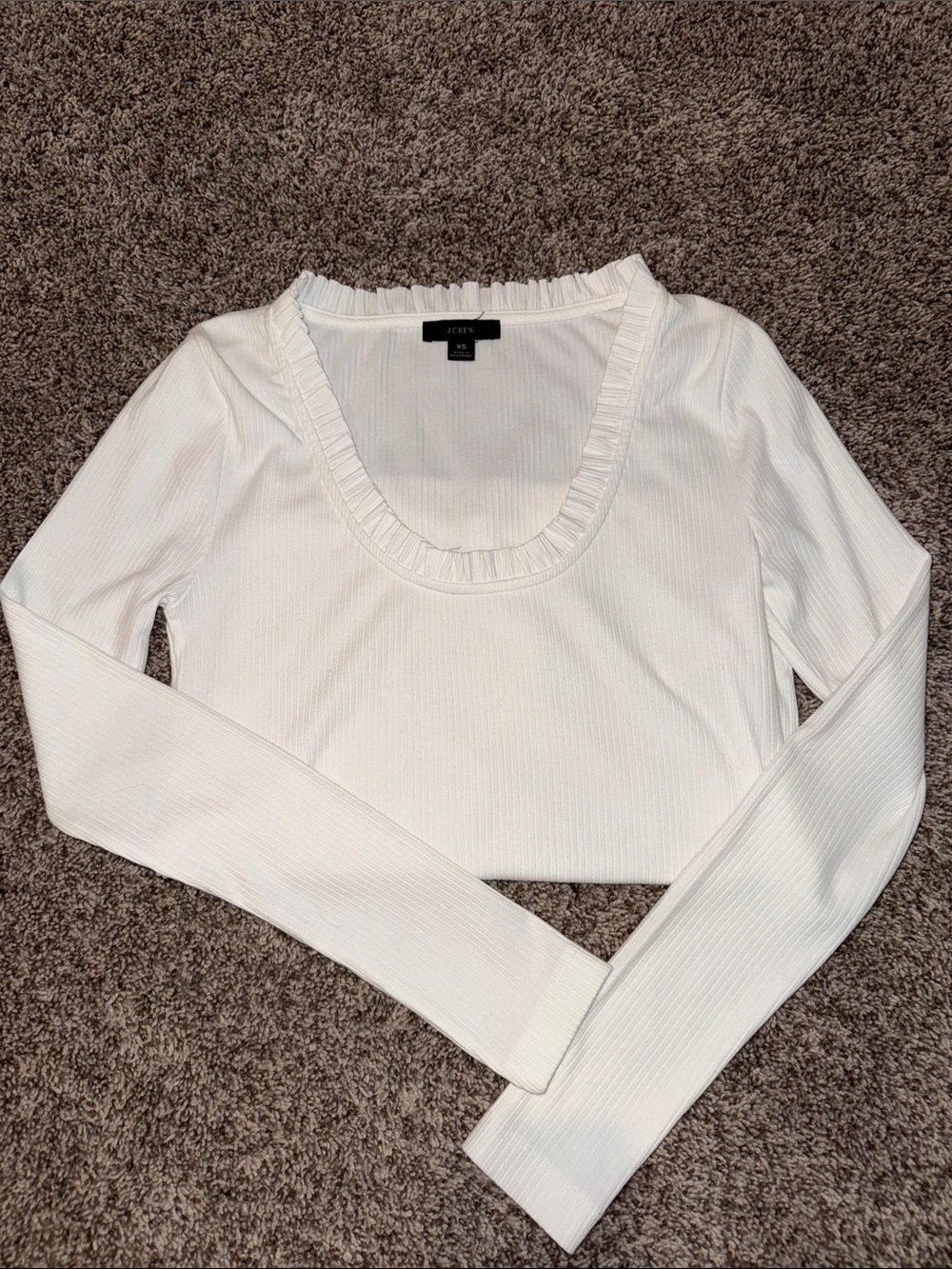 J Crew White Ribbed Scoop-Neck Long Sleeve Top with Ruffled Trim XS